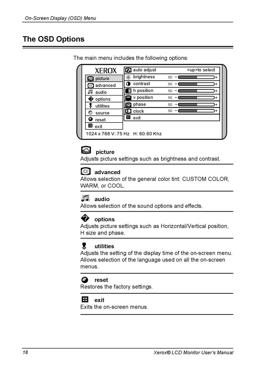 Xerox XM3-22w manual OSD Options 