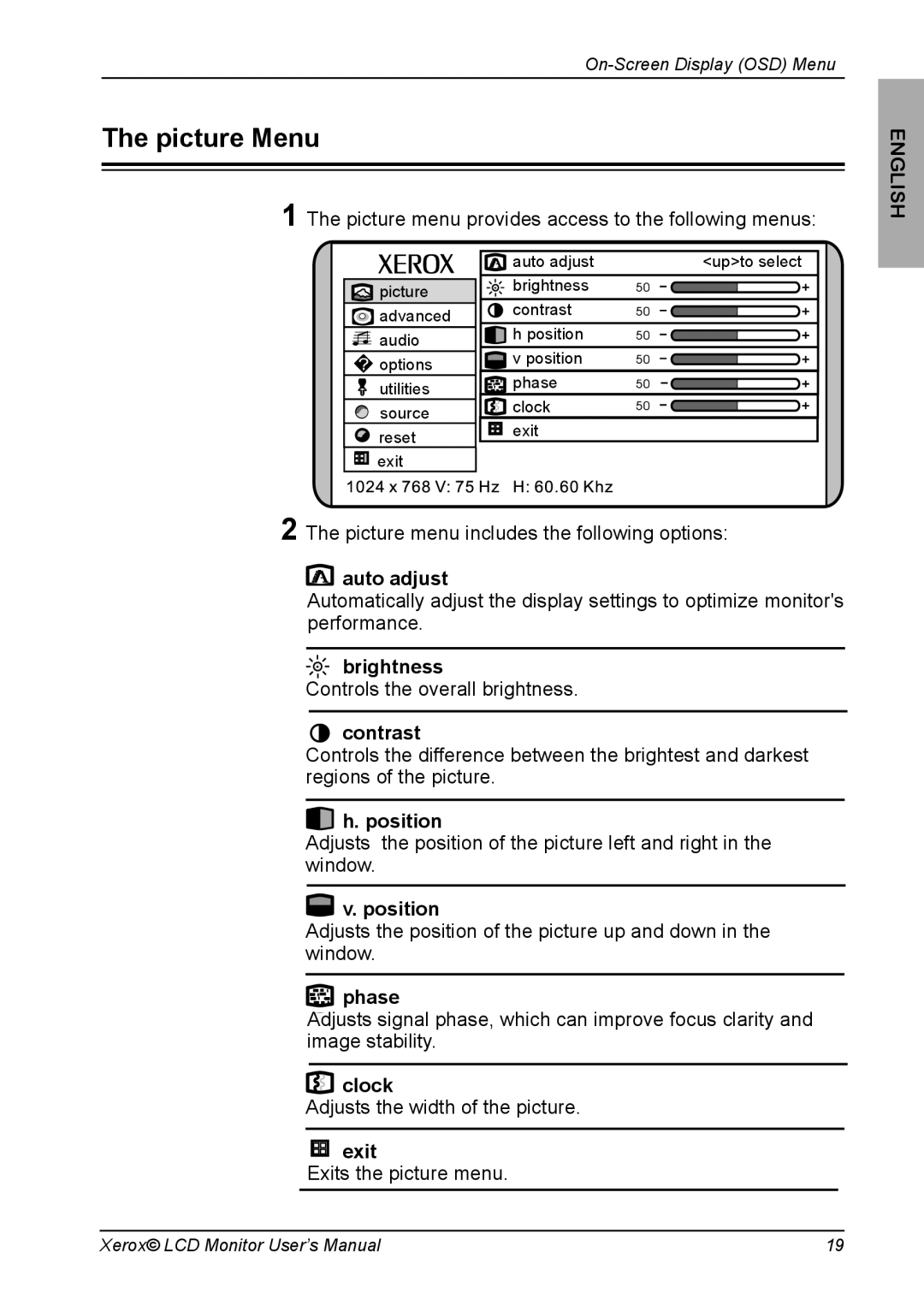 Xerox XM3-22w manual Picture Menu 