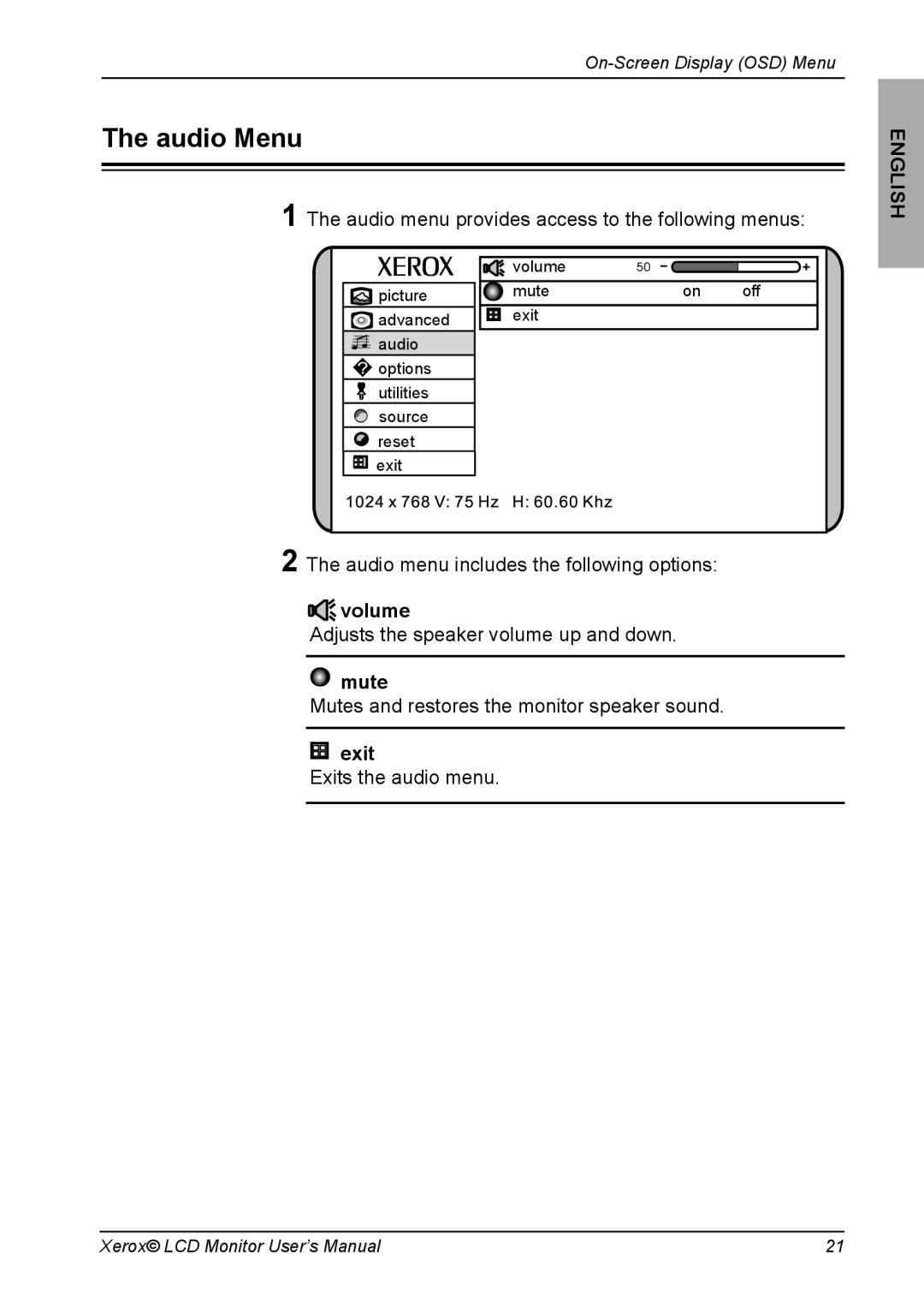 Xerox XM3-22w manual Audio Menu 