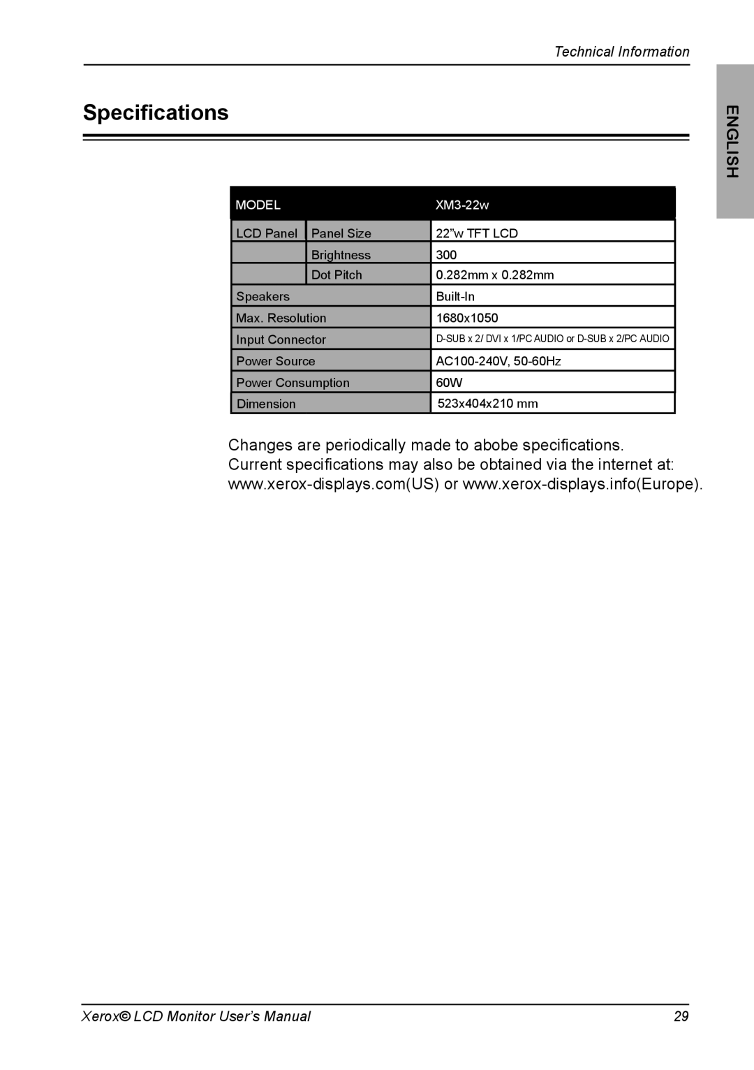 Xerox XM3-22w manual Speciﬁcations, Model 