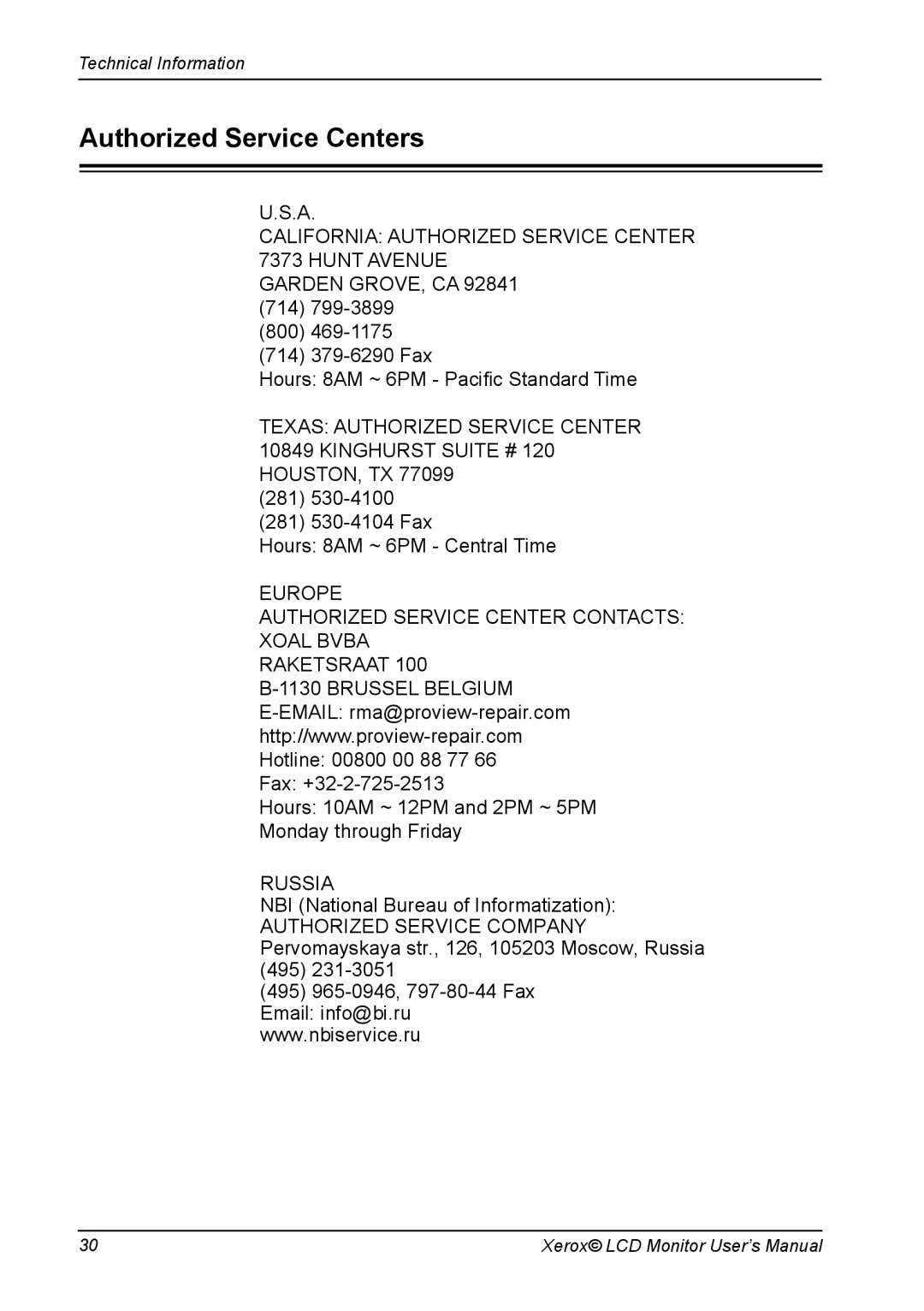 Xerox XM3-22w manual Authorized Service Centers, 281 281 530-4104 Fax Hours 8AM ~ 6PM Central Time 