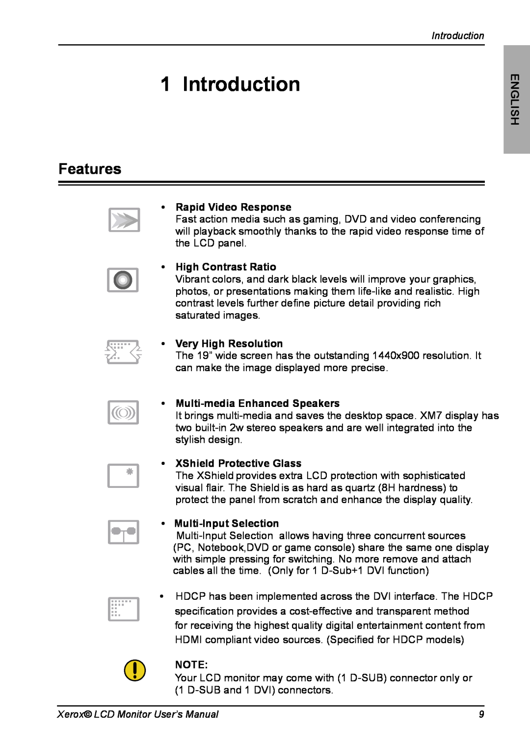 Xerox XM7-19w manual Introduction, Features, English, Xerox LCD Monitor User’s Manual 