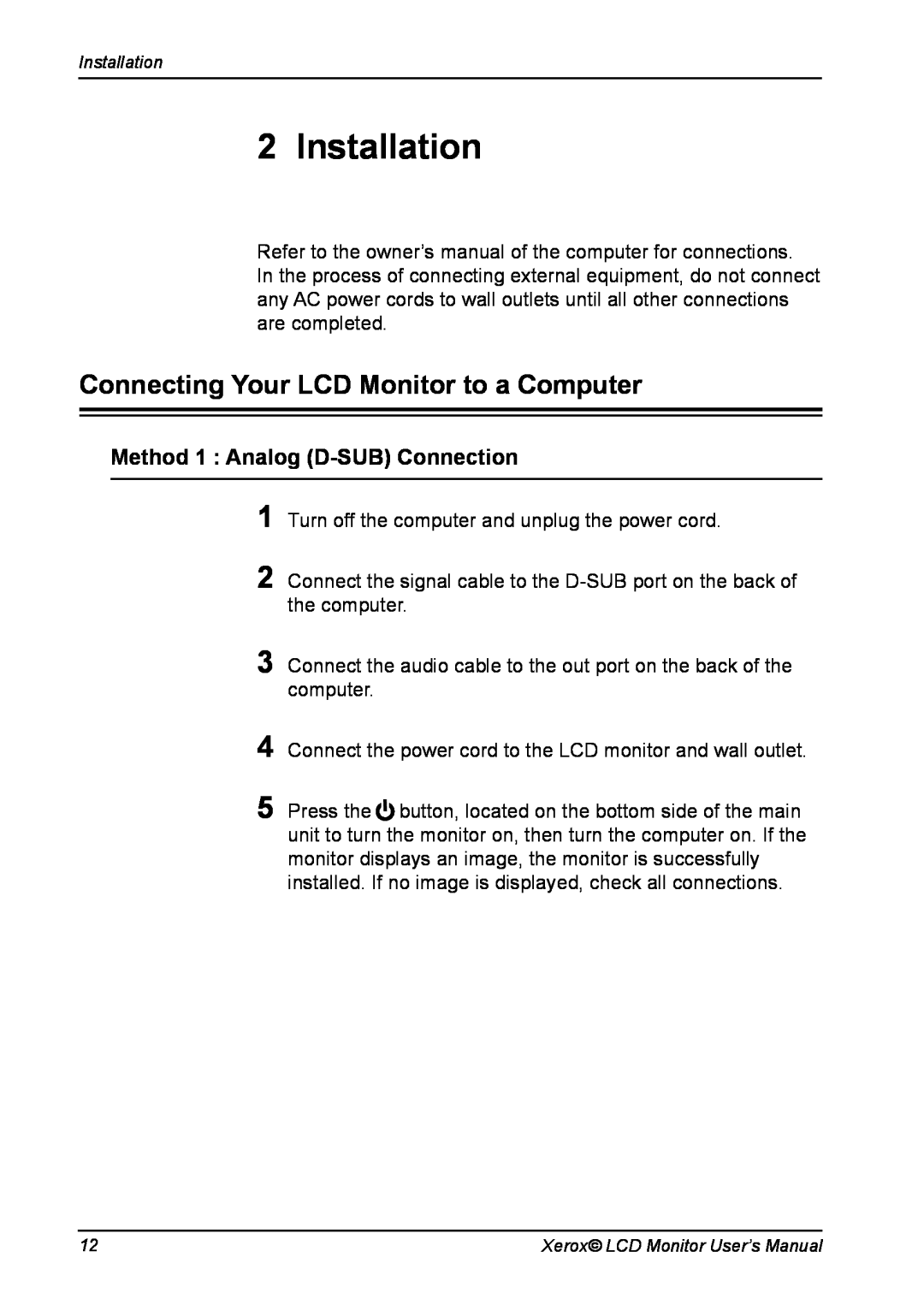 Xerox XM7-19w manual Installation, Connecting Your LCD Monitor to a Computer, Method 1 Analog D-SUB Connection 