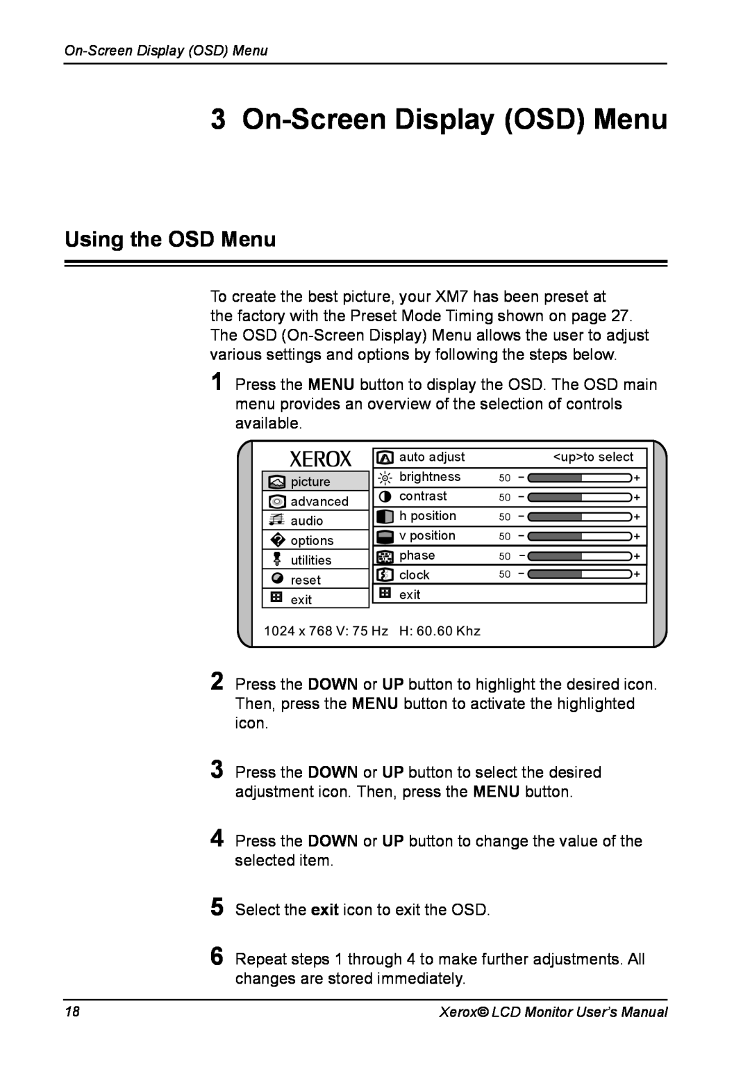 Xerox XM7-19w manual On-Screen Display OSD Menu, Using the OSD Menu 