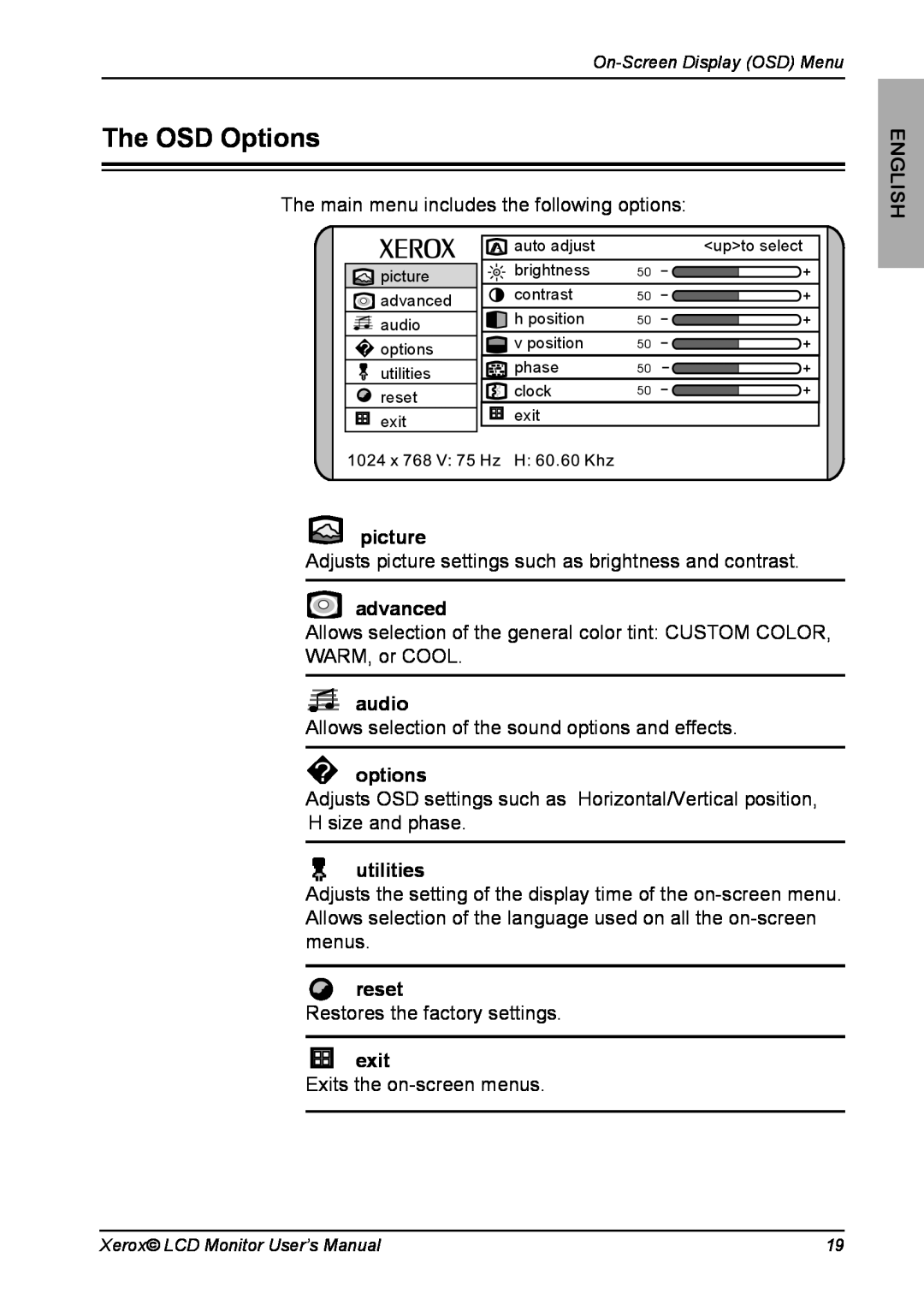 Xerox XM7-19w manual The OSD Options, picture, advanced, audio, options, utilities, reset, exit, English 
