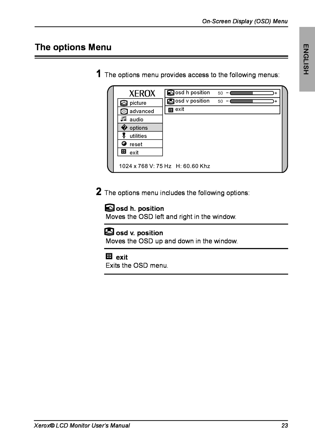 Xerox XM7-19w manual The options Menu, osd h. position, osd v. position, On Description, exit, English 