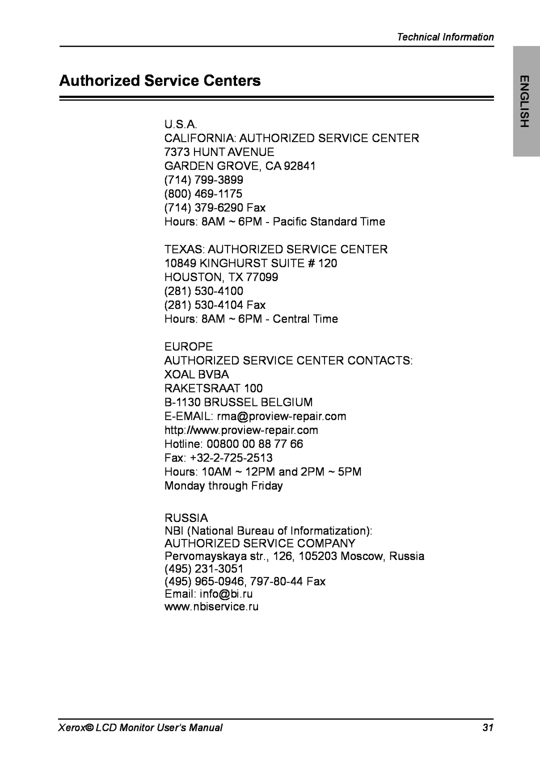 Xerox XM7-19w manual Authorized Service Centers, English 