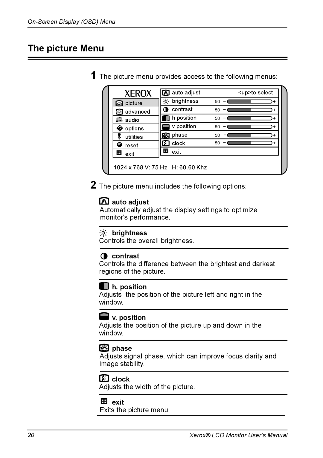 Xerox XM7-19w manual Picture Menu 