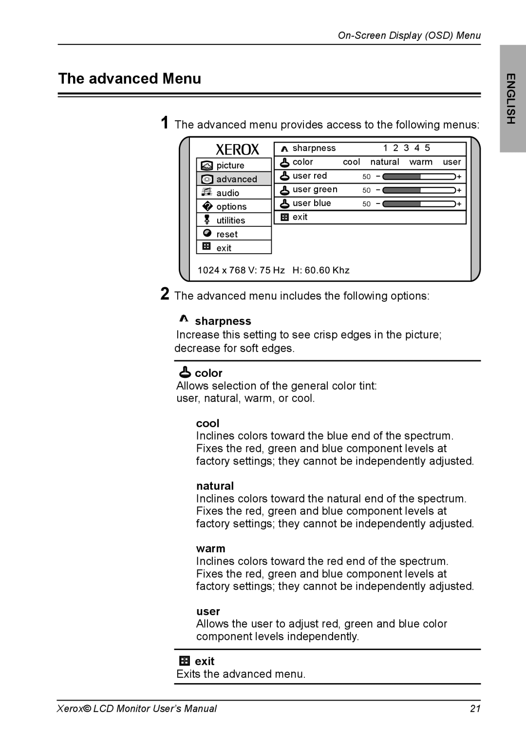 Xerox XM7-19w manual Advanced Menu, Advanced menu provides access to the following menus, Exits the advanced menu 