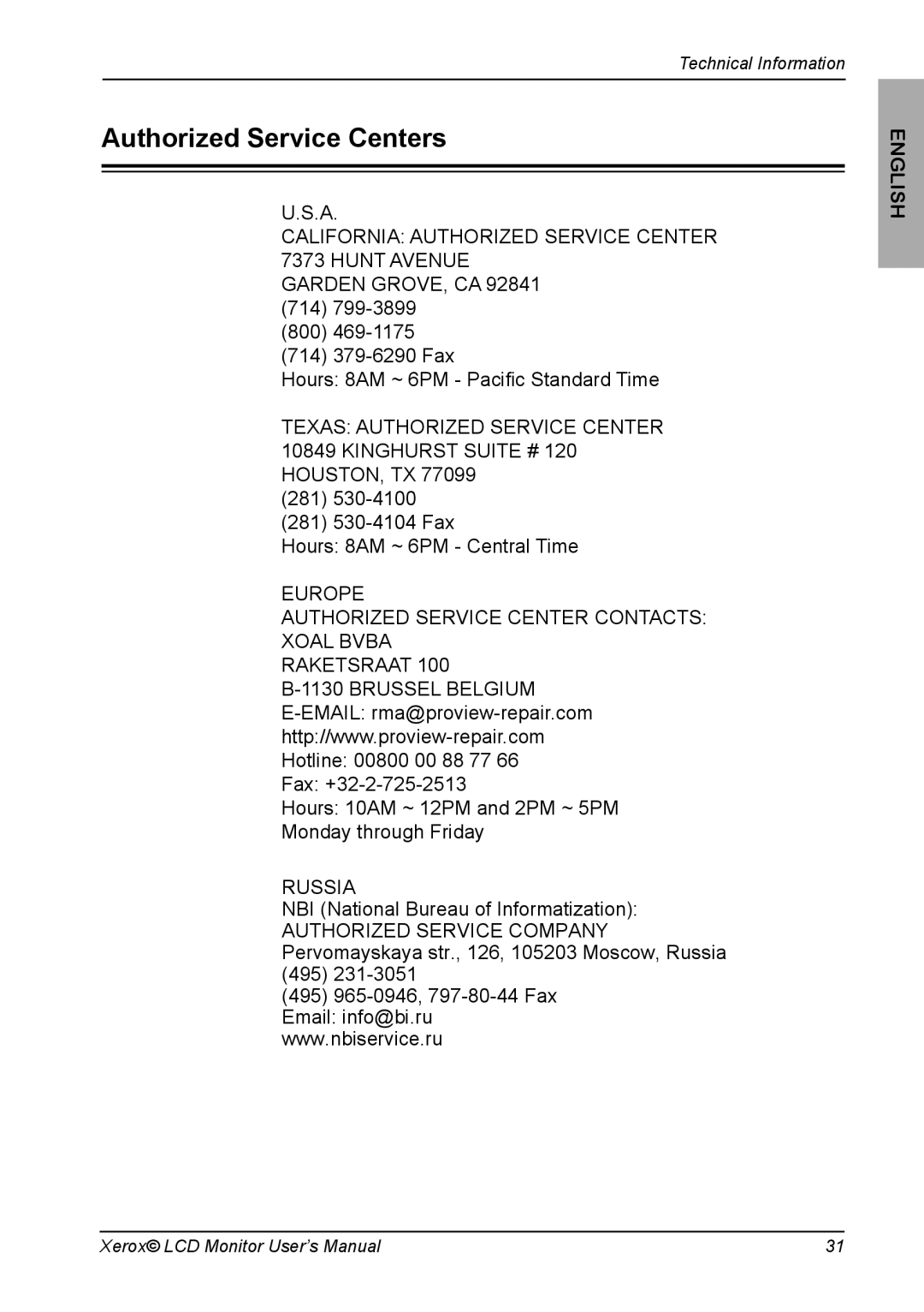 Xerox XM7-19w manual Authorized Service Centers, 281 281 530-4104 Fax Hours 8AM ~ 6PM Central Time 