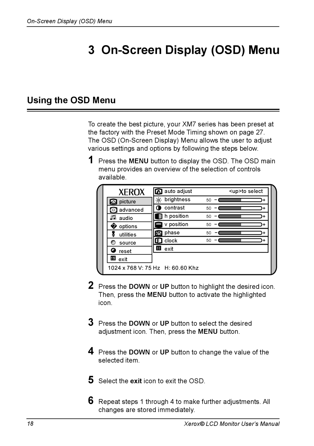 Xerox XM7-22w manual On-Screen Display OSD Menu, Using the OSD Menu 