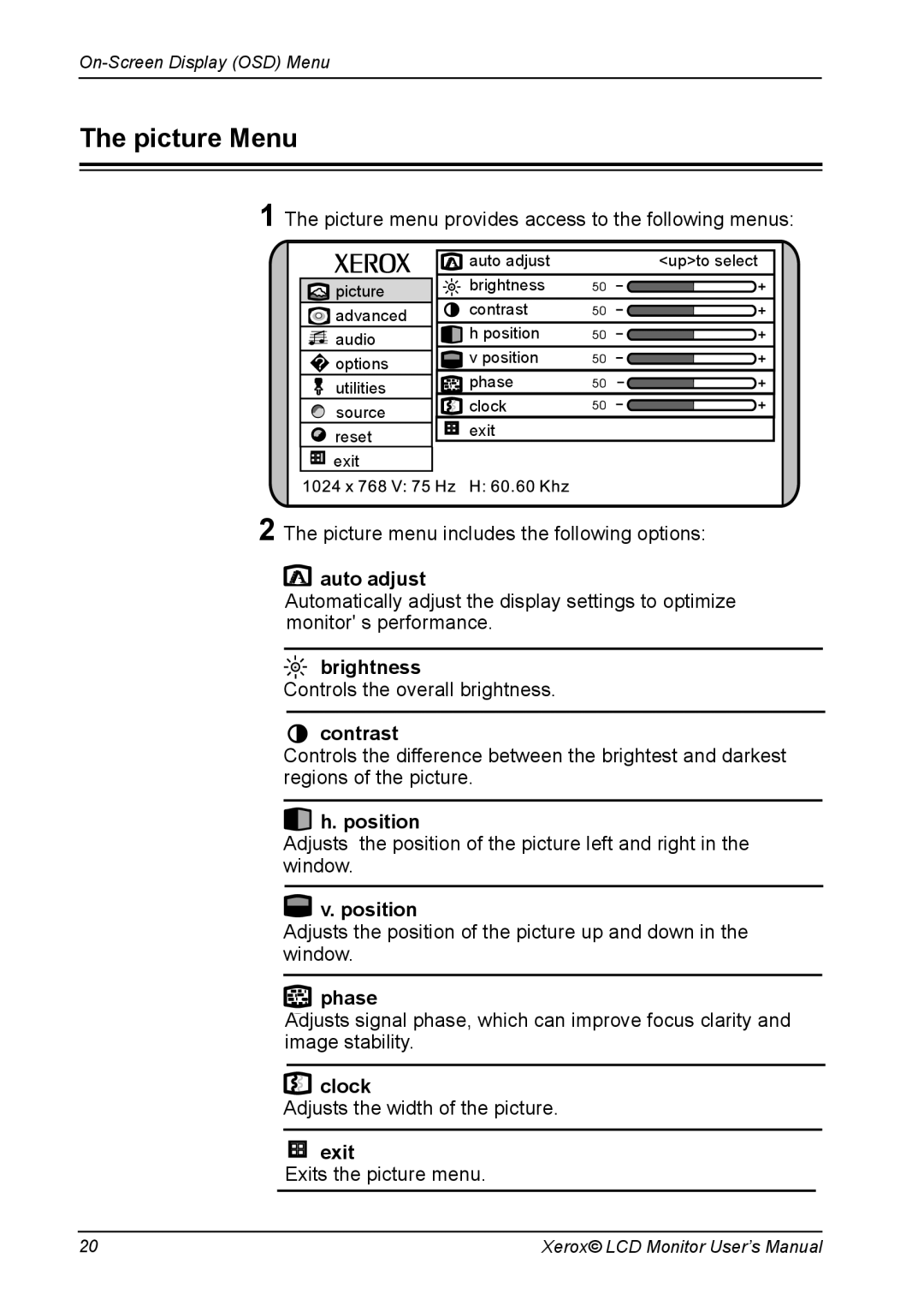 Xerox XM7-22w manual Picture Menu 