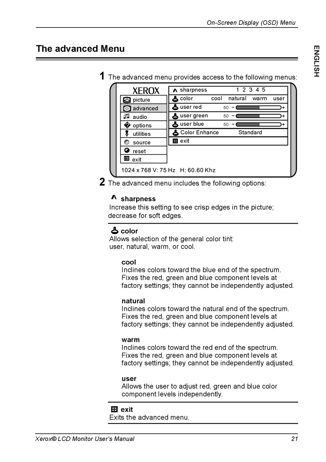 Xerox XM7-22w manual Advanced Menu, Advanced menu provides access to the following menus, Exits the advanced menu 