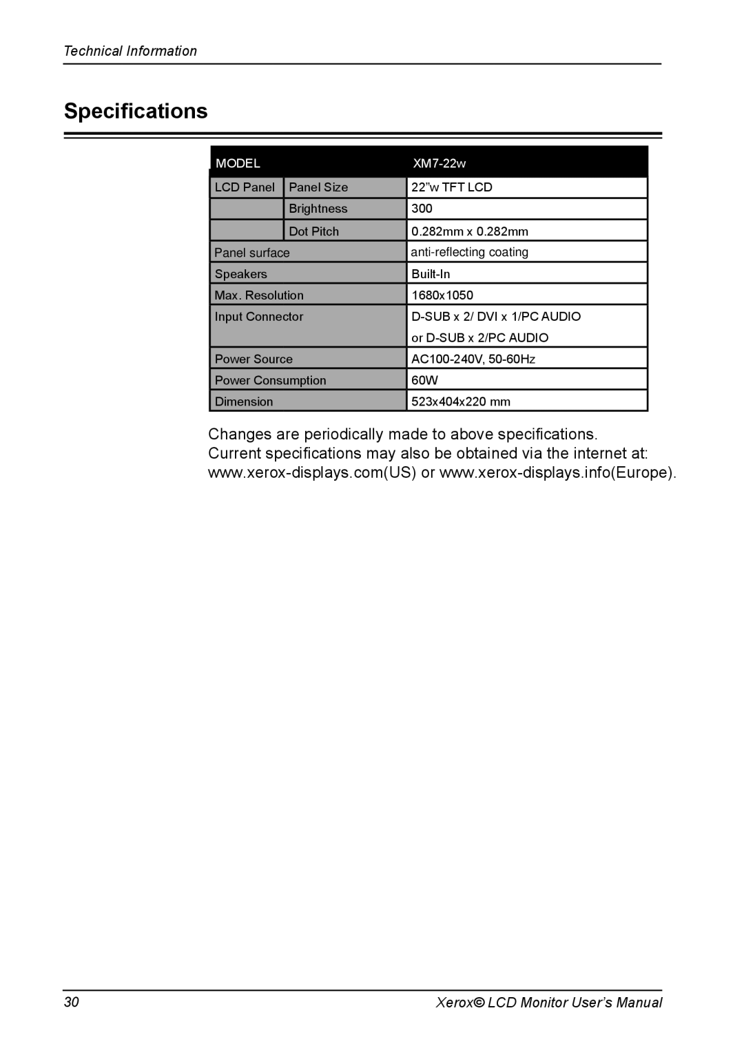 Xerox XM7-22w manual Speciﬁcations, Model 