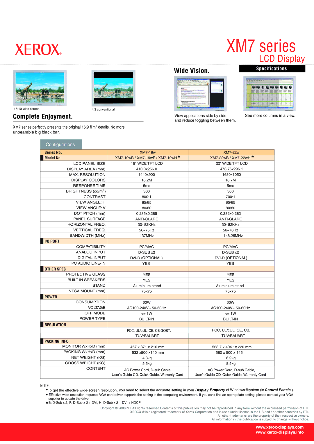 Xerox XM7 Series LCD Panel Size, MAX. Resolution Display Colors Response Time, Contrast View Angle H, Anti-Glare, Pc/Mac 