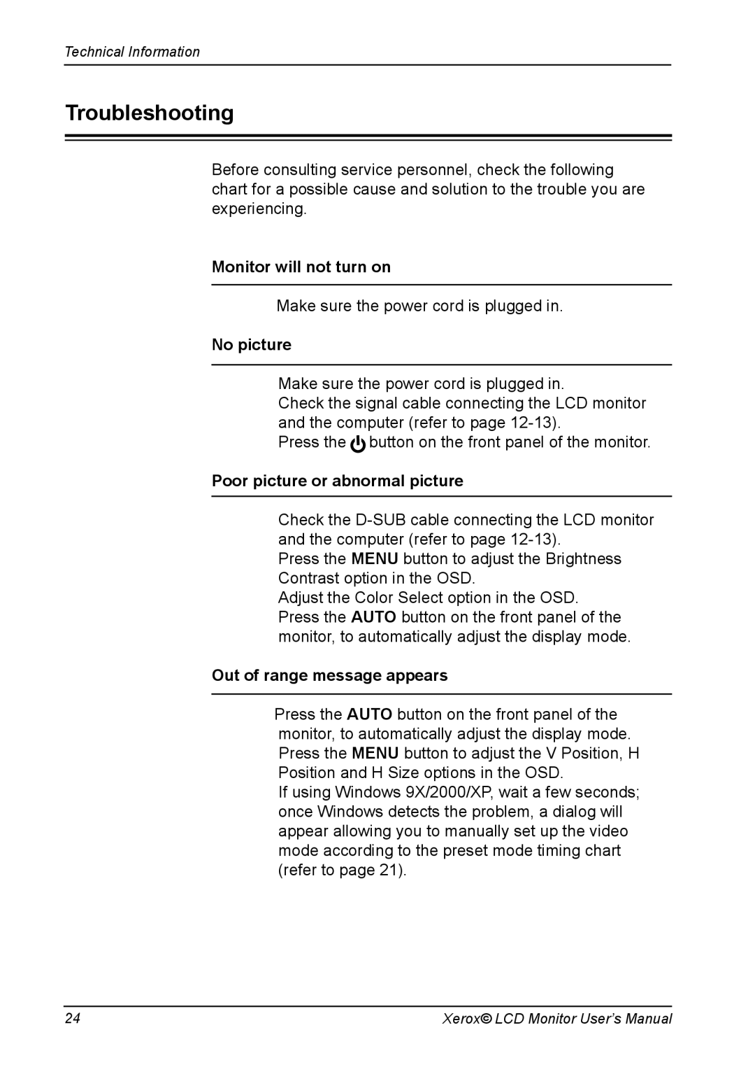 Xerox XR3 Series manual Troubleshooting, Monitor will not turn on, No picture, Poor picture or abnormal picture 