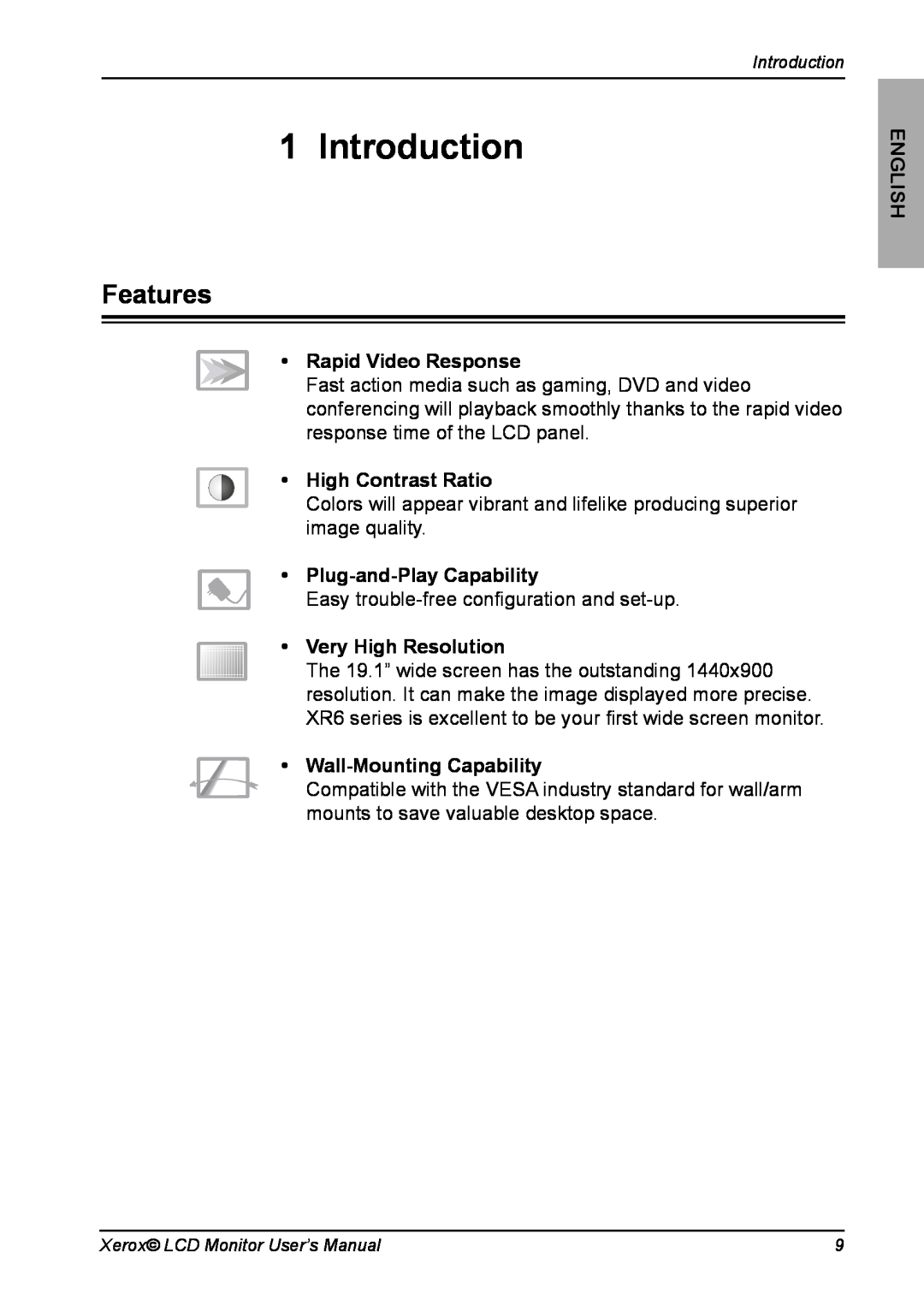 Xerox XR6 Series manual Introduction, Features, Rapid Video Response, High Contrast Ratio, Plug-and-PlayCapability, English 