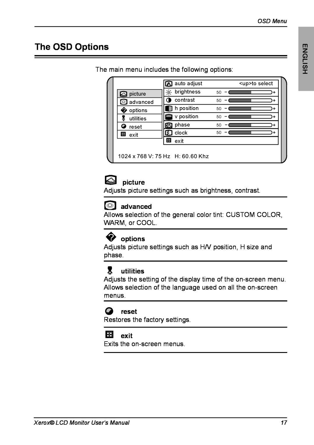 Xerox XR6 Series manual The OSD Options, picture, advanced, options, utilities, reset, exit, English 