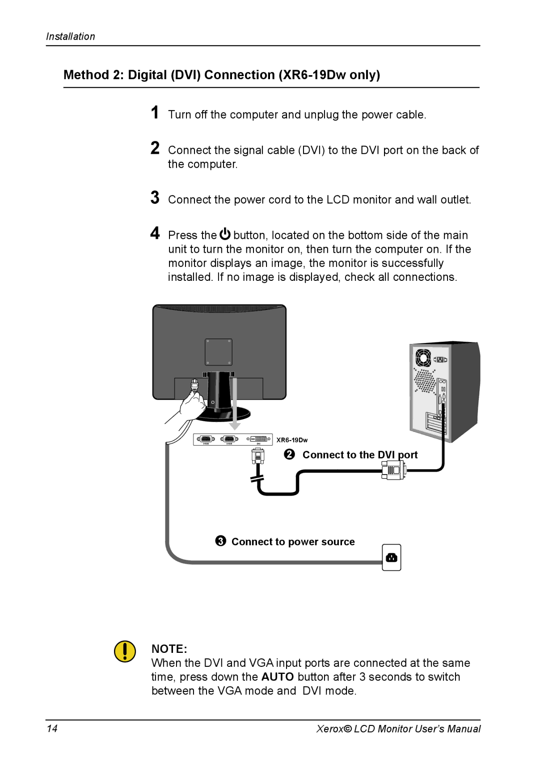 Xerox XR6 Series manual Method 2 Digital DVI Connection XR6-19Dw only 