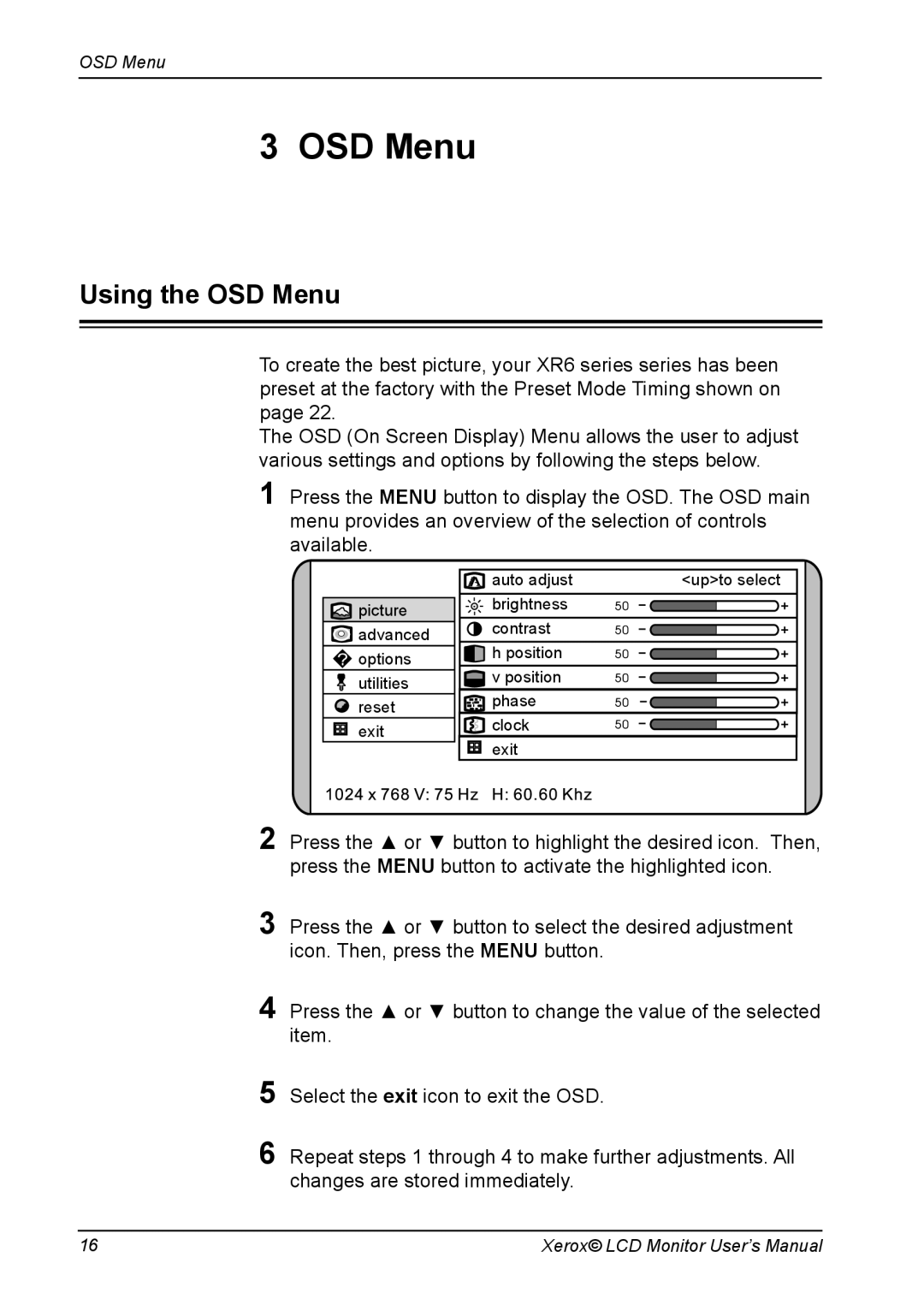 Xerox XR6 Series manual Using the OSD Menu 