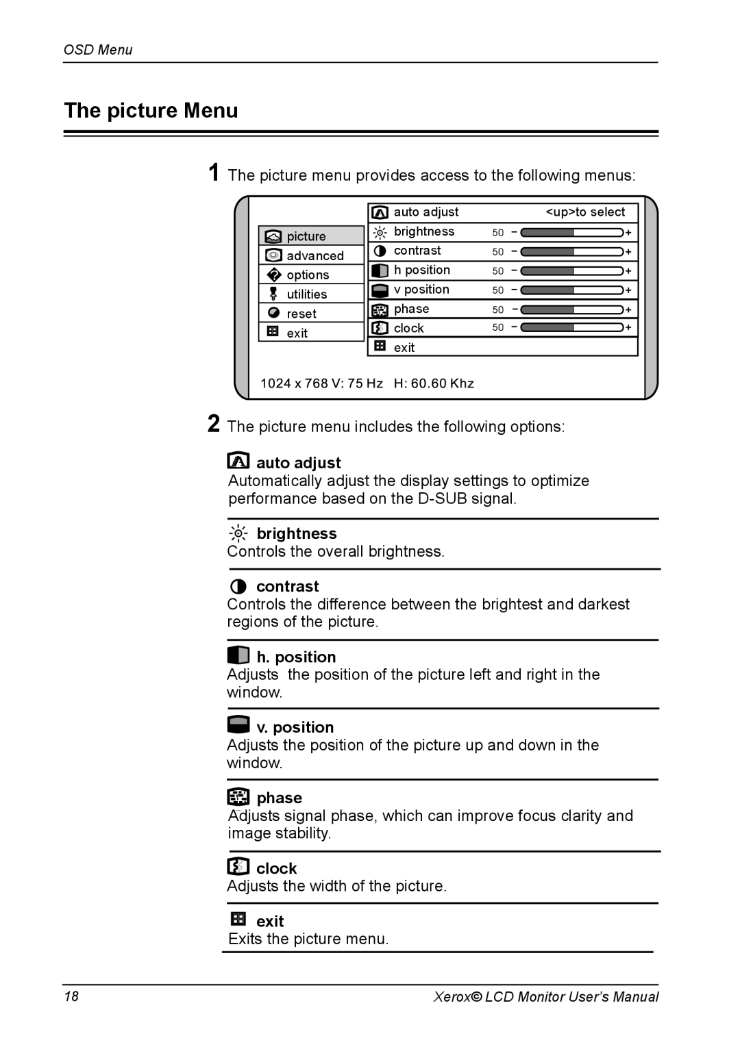 Xerox XR6 Series manual Picture Menu 