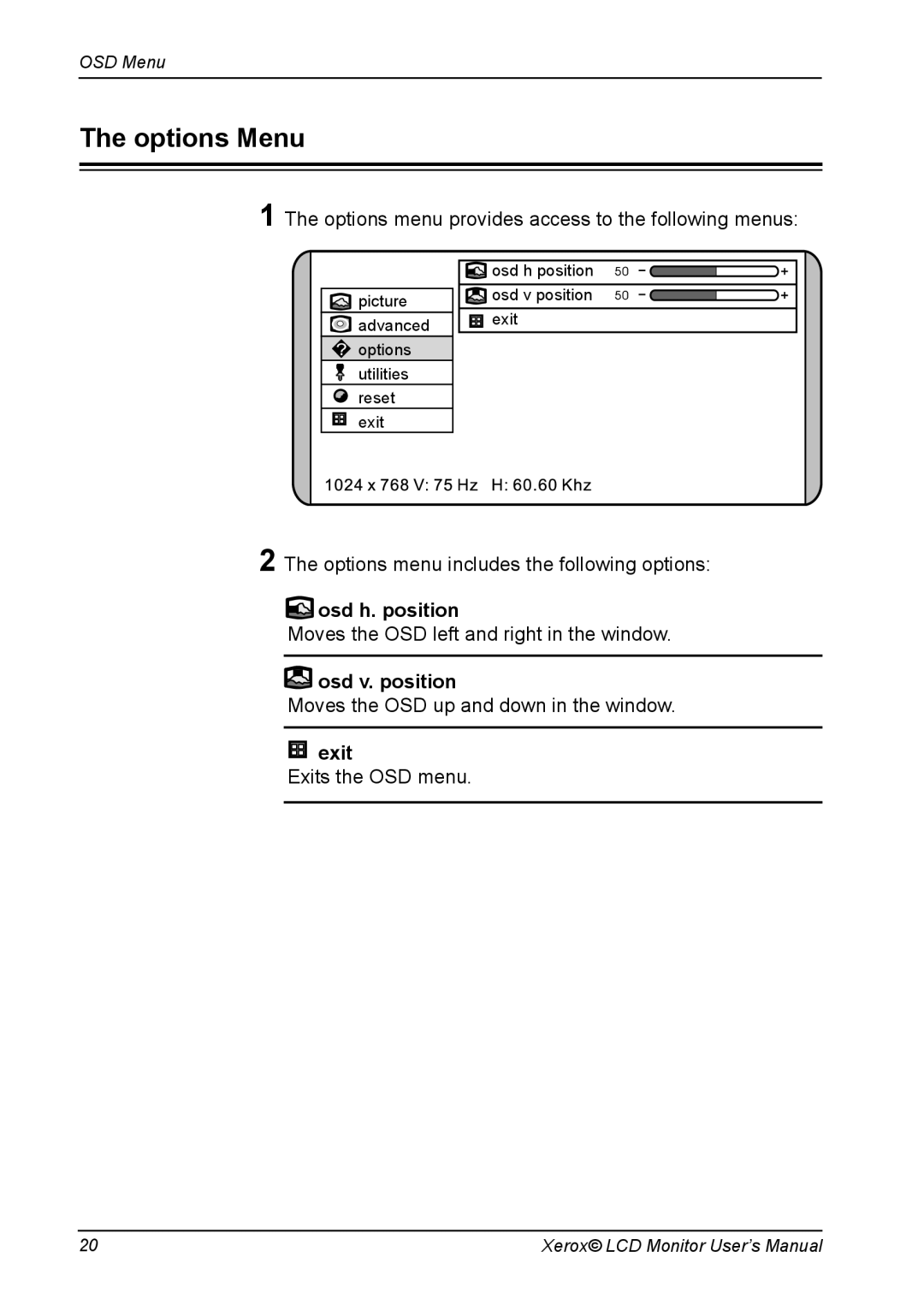 Xerox XR6 Series manual Options Menu, Osd h. position, Osd v. position 