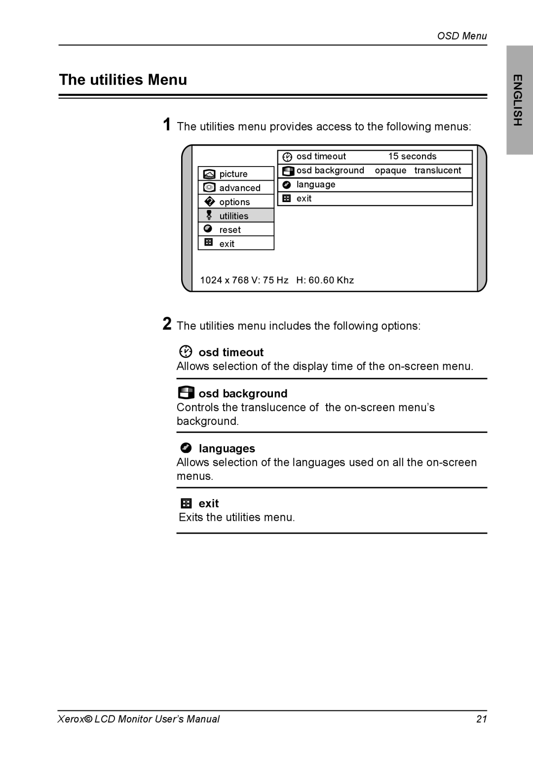 Xerox XR6 Series manual Utilities Menu, Osd timeout, Osd background, Languages 