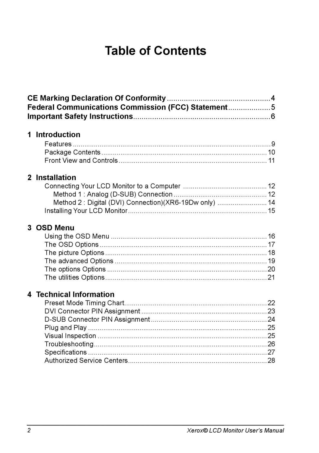 Xerox XR6 Series manual Table of Contents 