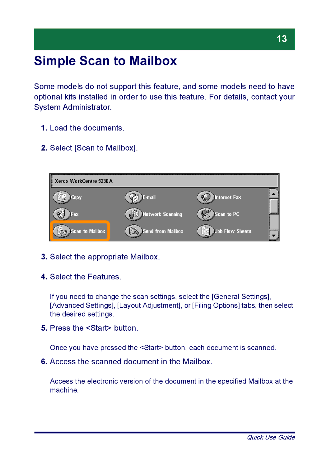 Xerox ME3612E4-1, XT3008EN0-2 manual Simple Scan to Mailbox, Access the scanned document in the Mailbox 