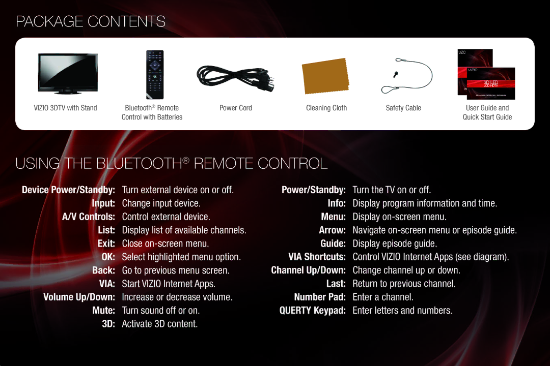 Xerox XVT3D424SV quick start Package Contents, Using the Bluetooth Remote Control 