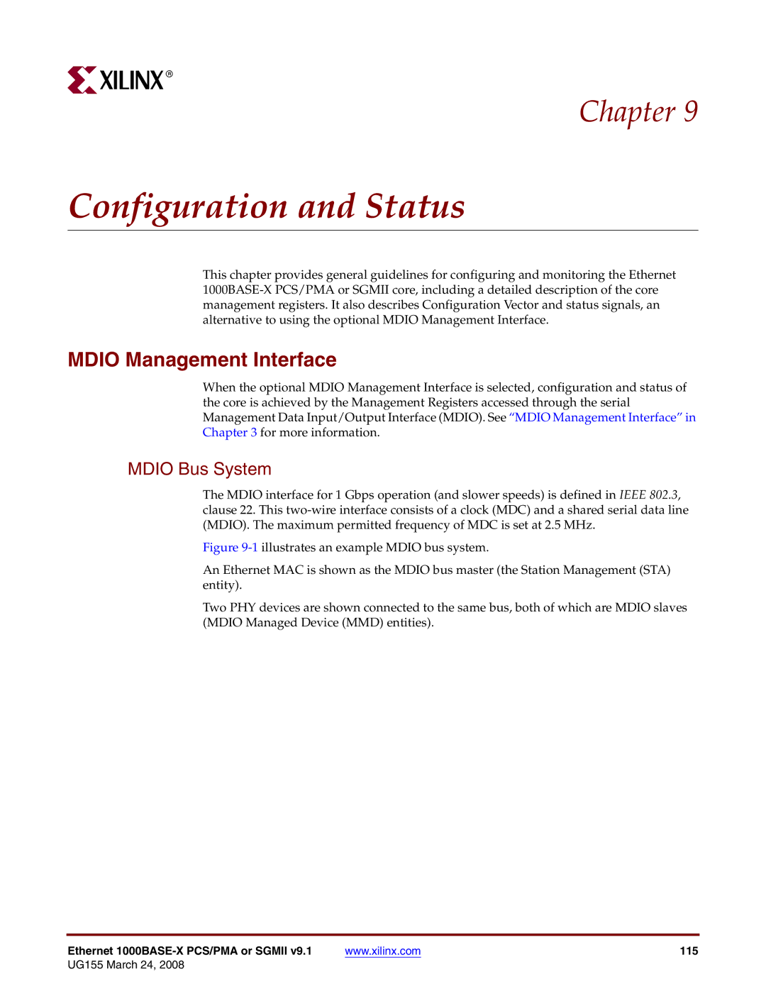 Xilinx 1000BASE-X manual Configuration and Status, Mdio Management Interface, Mdio Bus System 