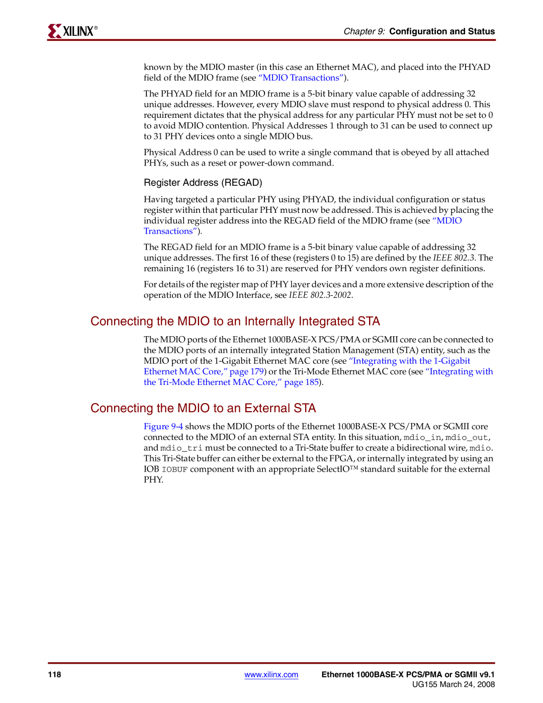 Xilinx 1000BASE-X manual Connecting the Mdio to an Internally Integrated STA, Connecting the Mdio to an External STA 