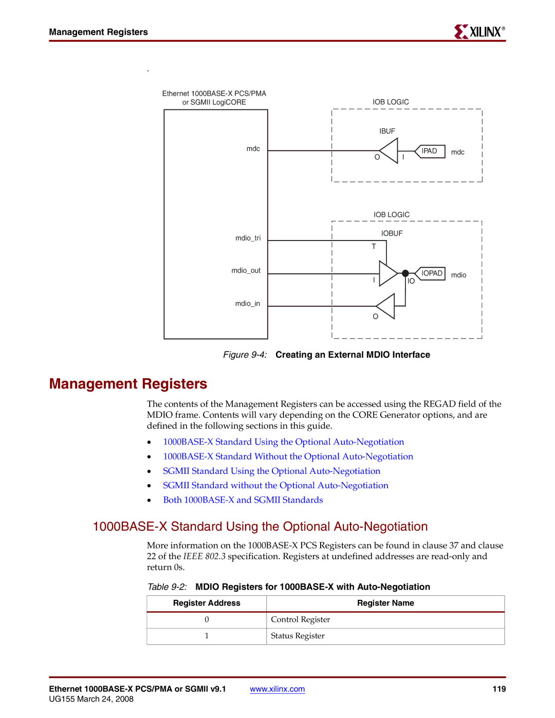 Xilinx manual Management Registers, 1000BASE-X Standard Using the Optional Auto-Negotiation 