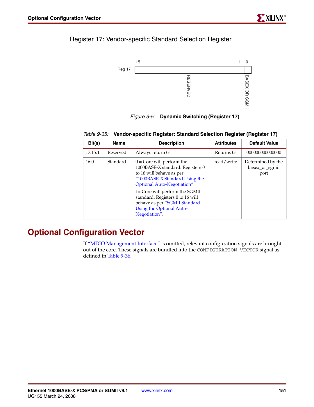 Xilinx 1000BASE-X manual Optional Configuration Vector, Register 17 Vendor-specific Standard Selection Register 