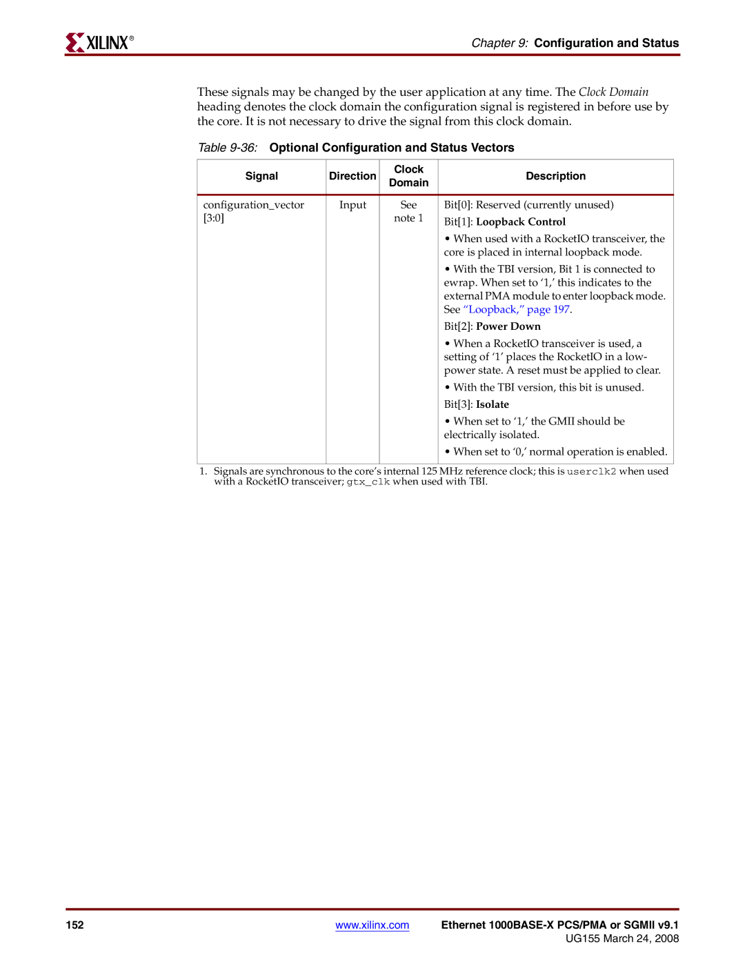 Xilinx 1000BASE-X manual 36Optional Configuration and Status Vectors, Signal Direction Clock Description Domain 