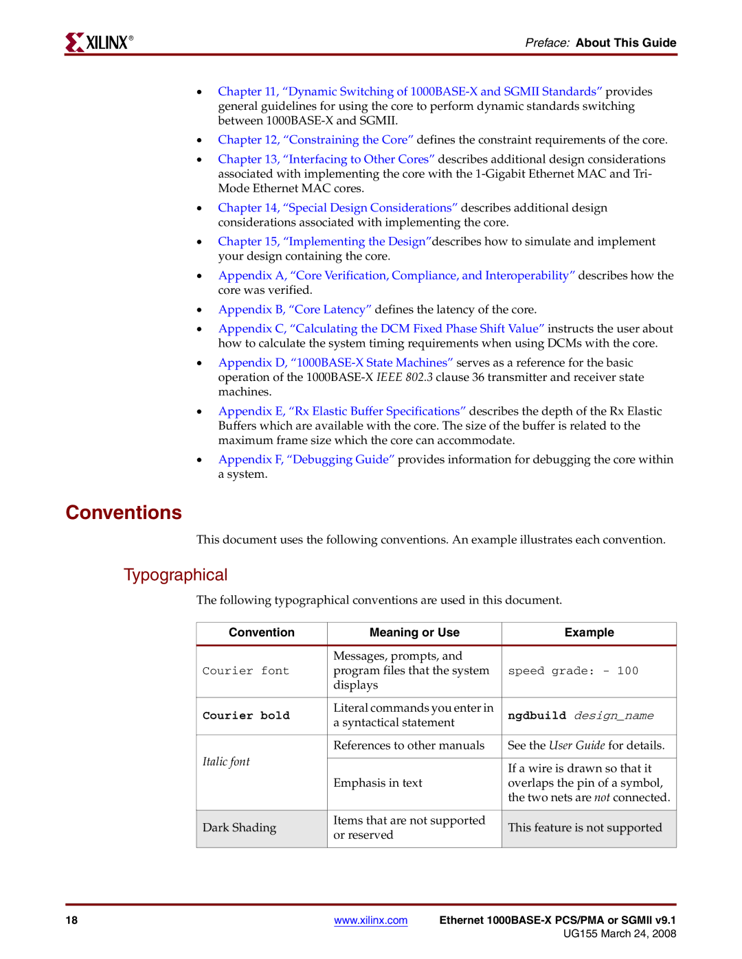 Xilinx 1000BASE-X manual Conventions, Typographical, Preface About This Guide, Convention Meaning or Use Example 