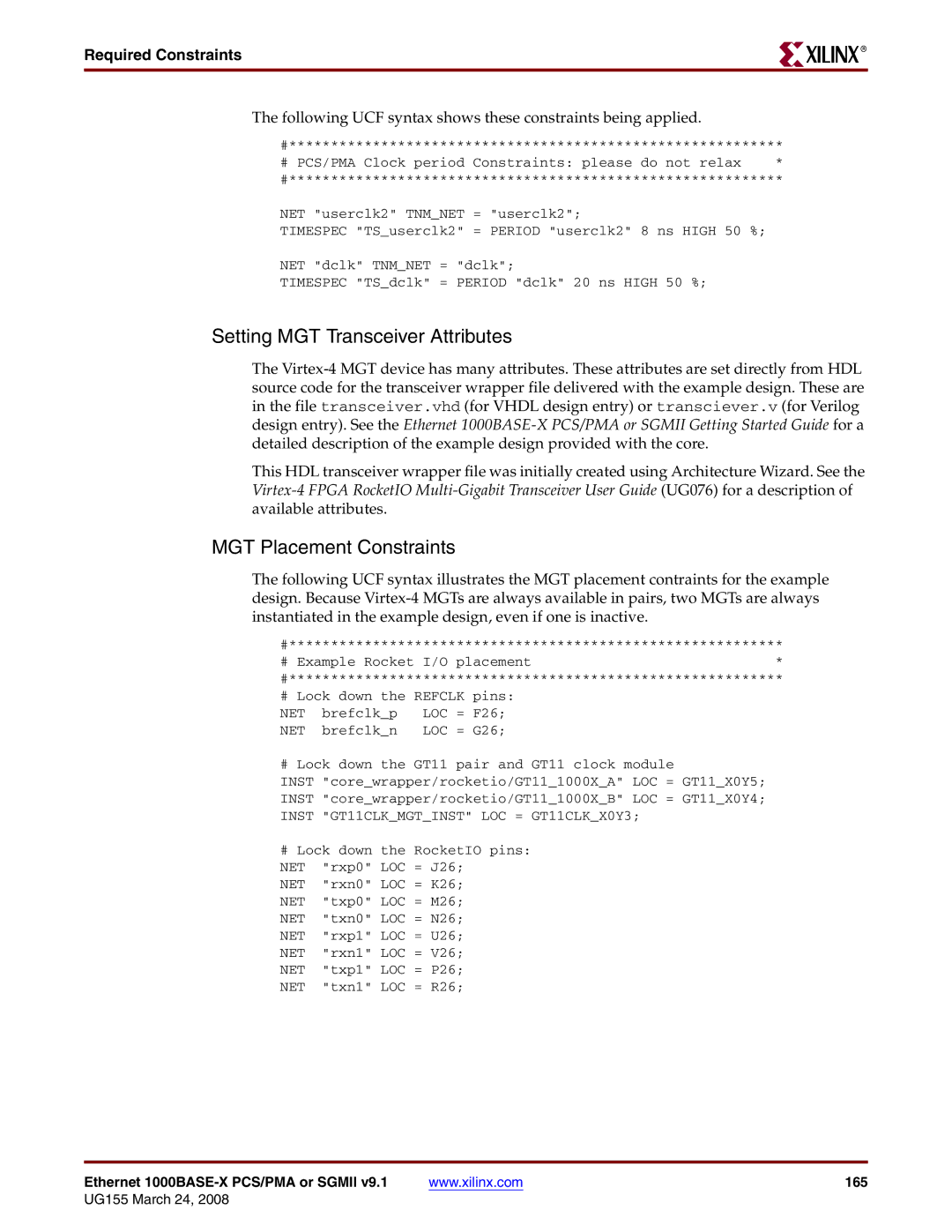 Xilinx 1000BASE-X manual Setting MGT Transceiver Attributes, MGT Placement Constraints 