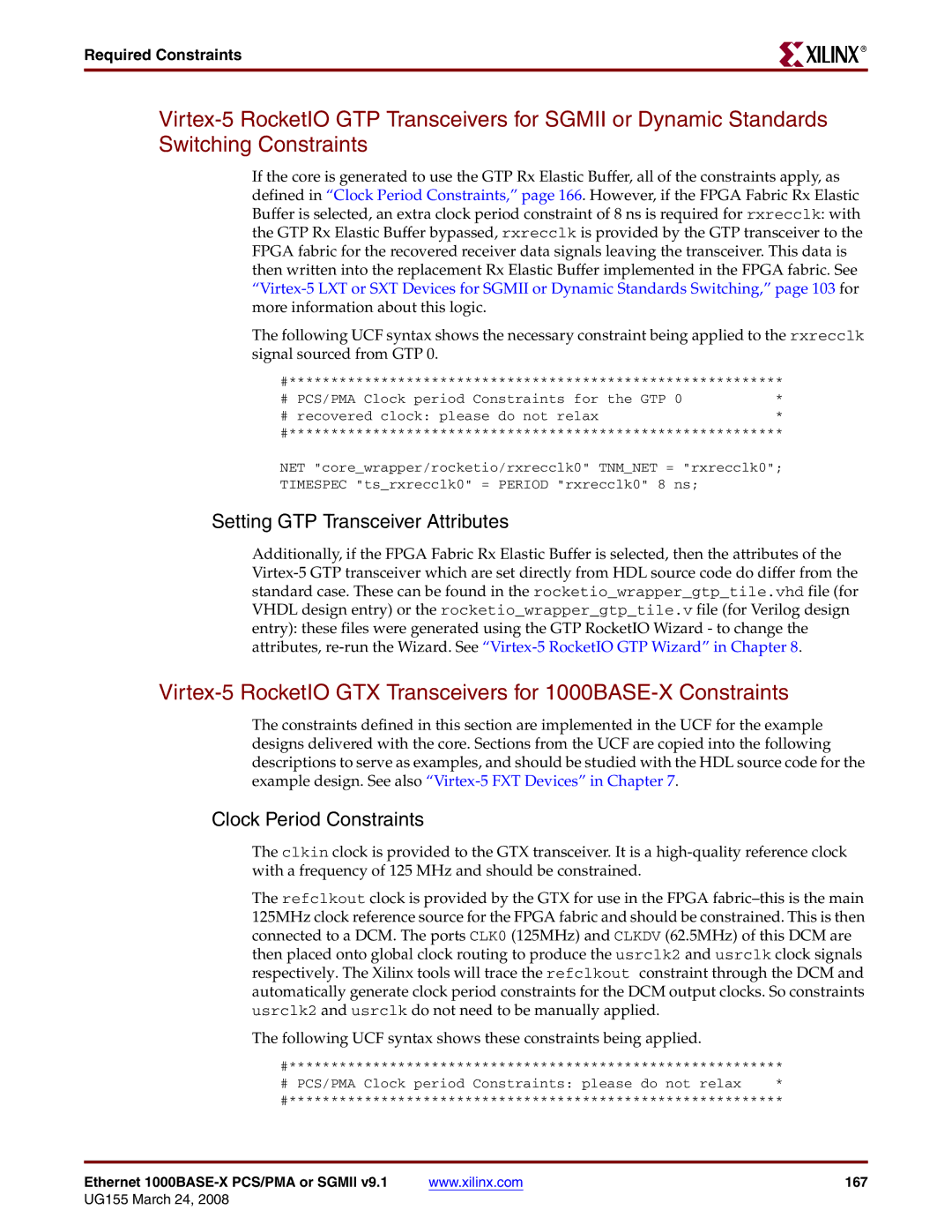 Xilinx manual Ethernet 1000BASE-X PCS/PMA or Sgmii 167 UG155 March 24 