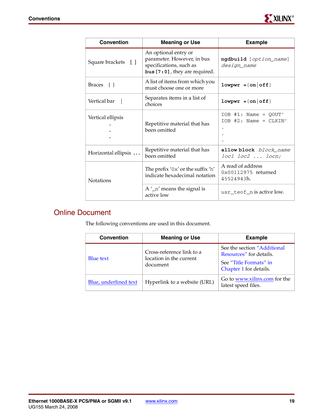 Xilinx 1000BASE-X manual Online Document, Conventions Meaning or Use Example 