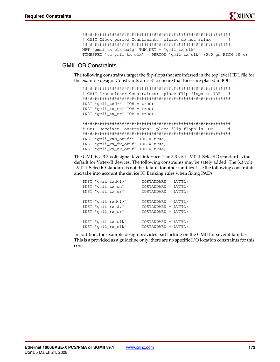 Xilinx 1000BASE-X manual Gmii IOB Constraints 