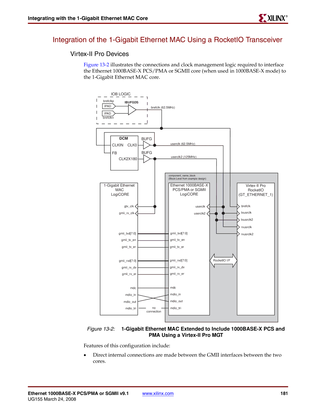 Xilinx 1000BASE-X manual Virtex-II Pro Devices, Integrating with the 1-Gigabit Ethernet MAC Core 