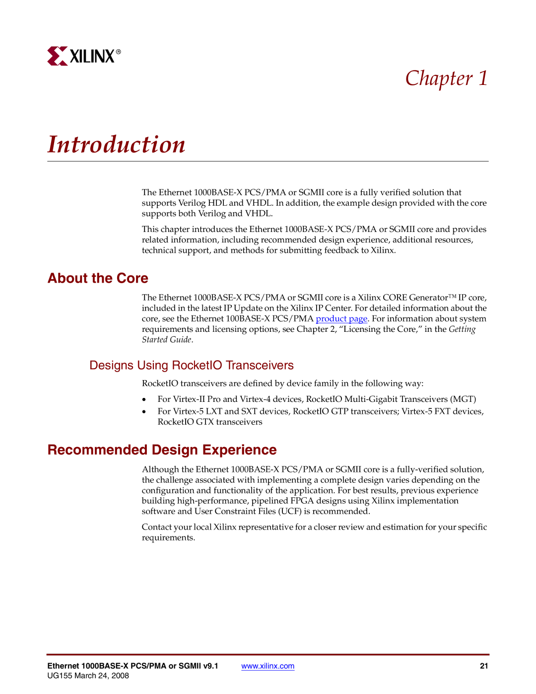 Xilinx 1000BASE-X manual Introduction, About the Core, Recommended Design Experience, Designs Using RocketIO Transceivers 