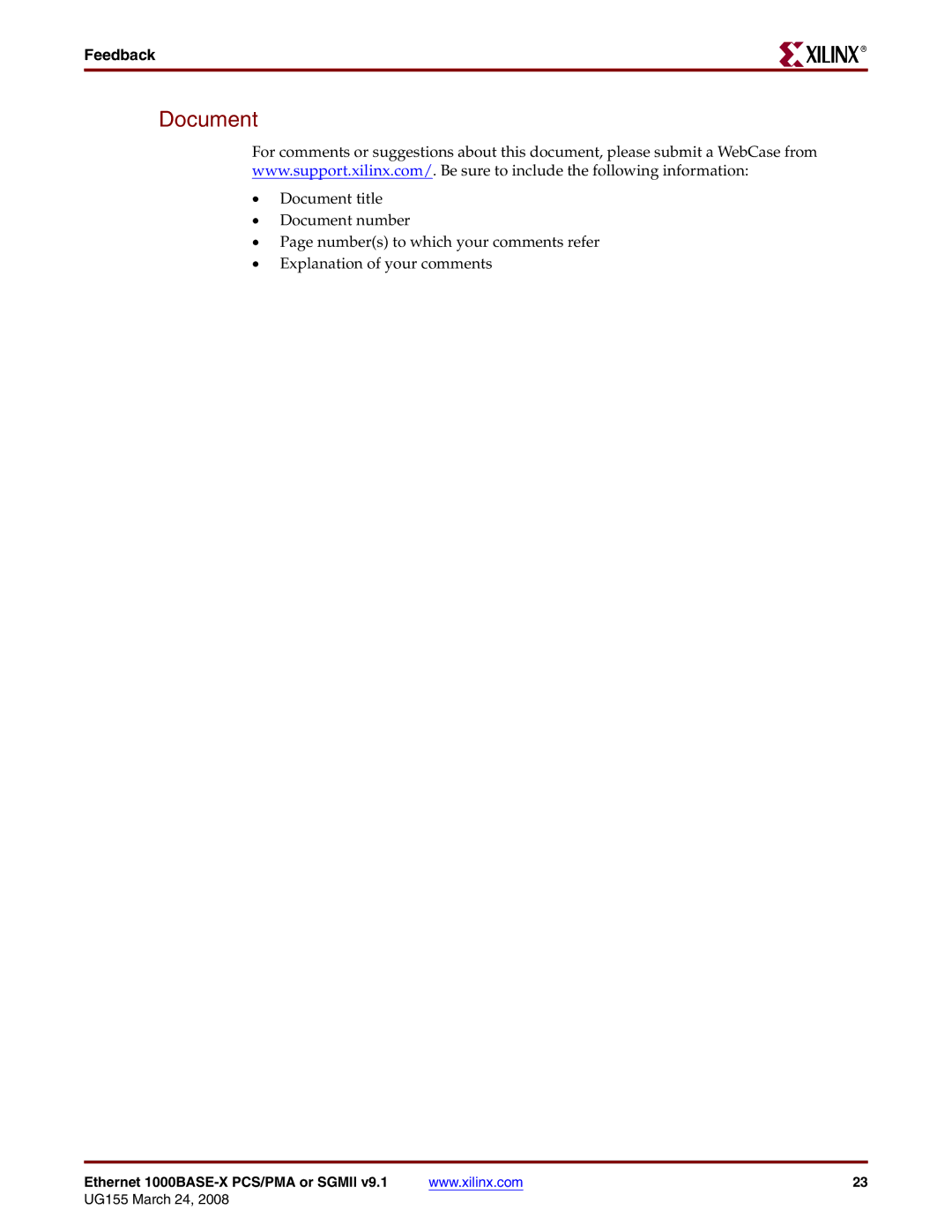Xilinx 1000BASE-X manual Document, Feedback 