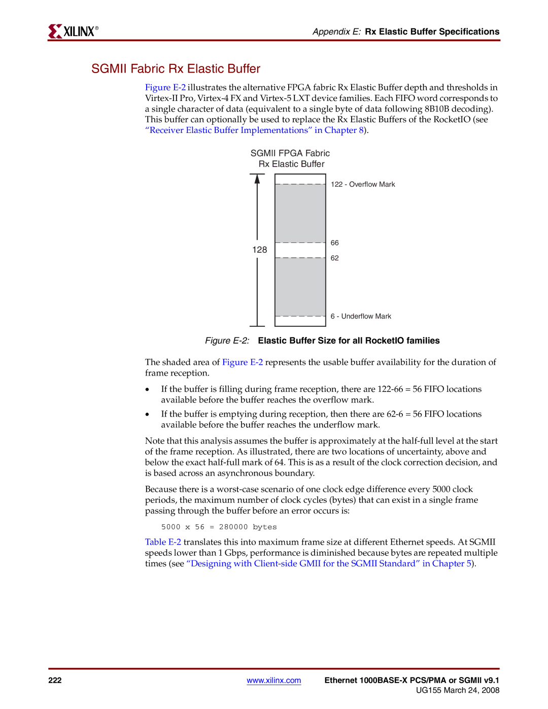 Xilinx 1000BASE-X manual Sgmii Fabric Rx Elastic Buffer, Figure E-2Elastic Buffer Size for all RocketIO families 