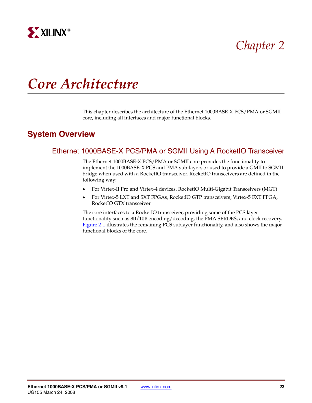 Xilinx 1000BASE-X manual Core Architecture, System Overview 