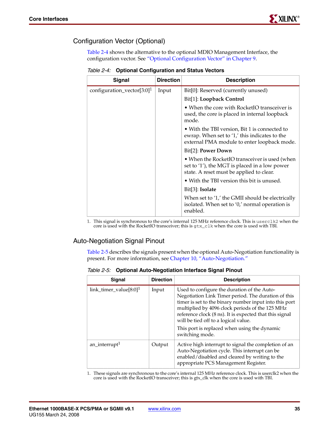 Xilinx 1000BASE-X manual Configuration Vector Optional, Auto-Negotiation Signal Pinout 