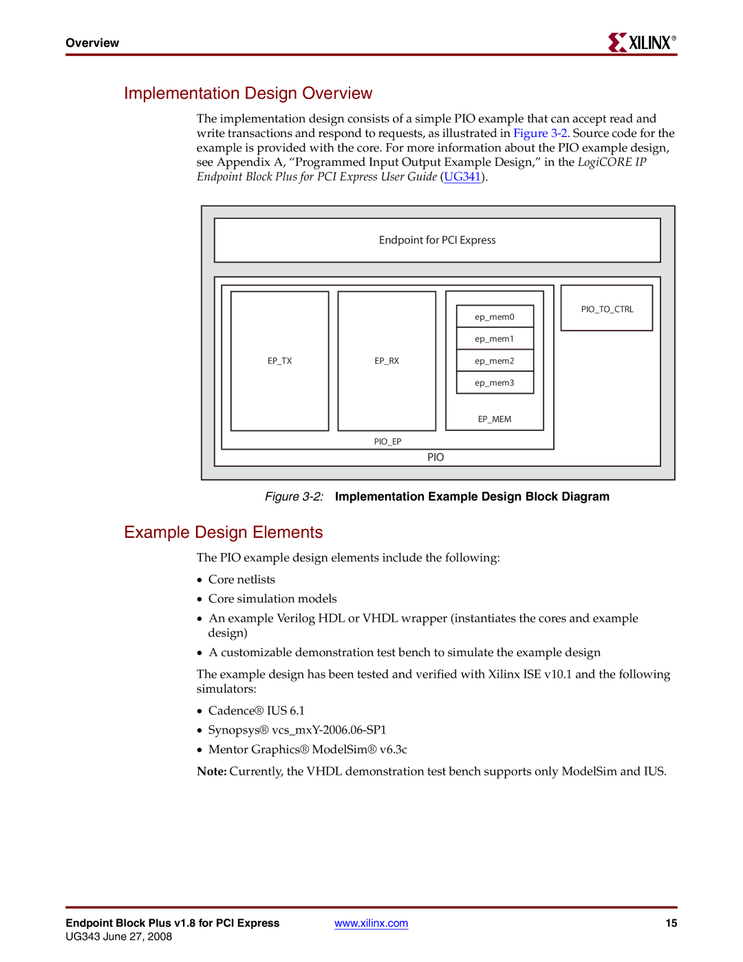 Xilinx 1.8 manual Implementation Design Overview, Example Design Elements 