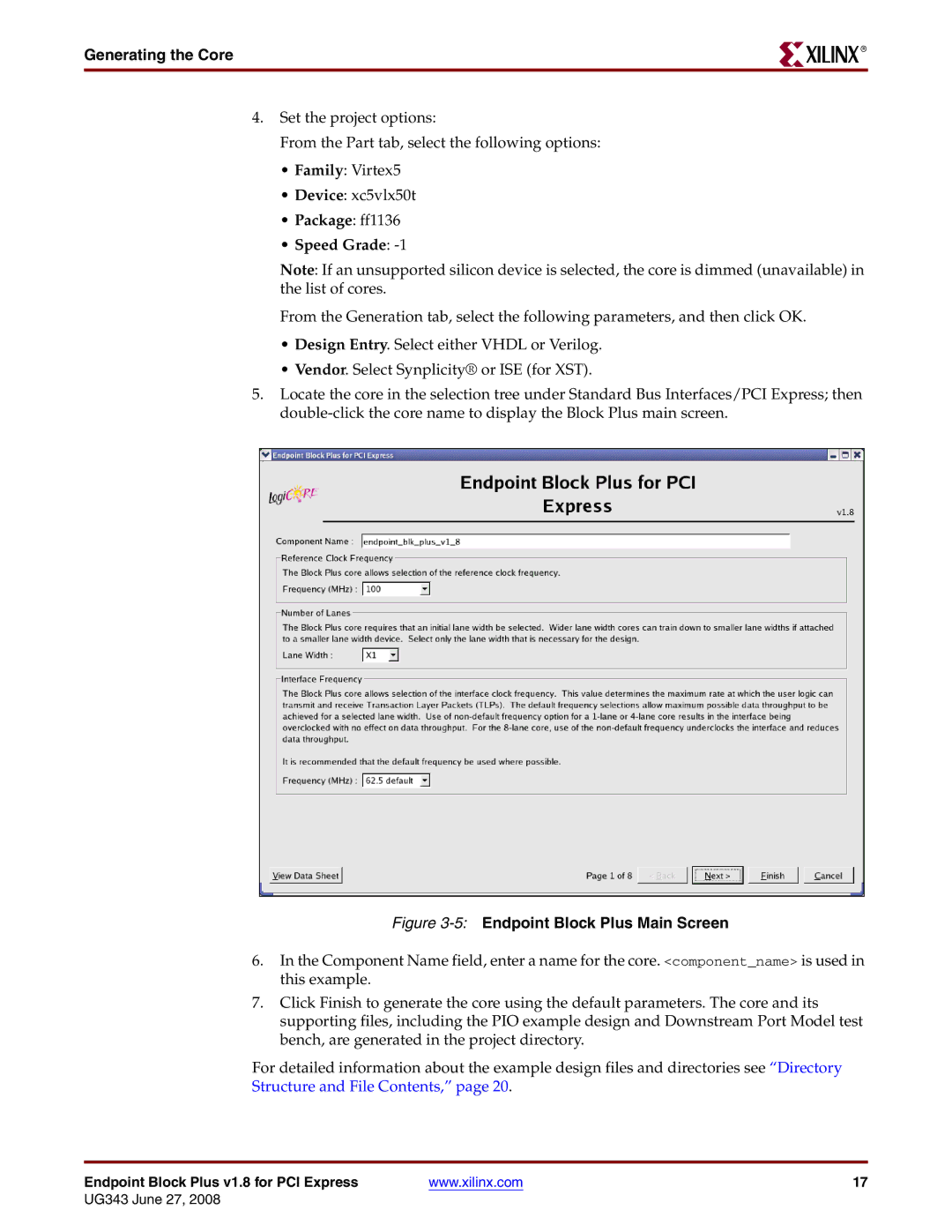 Xilinx 1.8 manual Generating the Core, 5Endpoint Block Plus Main Screen 