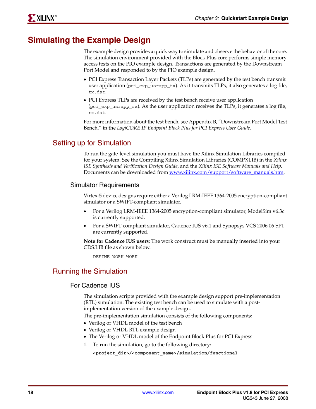 Xilinx 1.8 manual Simulating the Example Design, Setting up for Simulation, Running the Simulation 