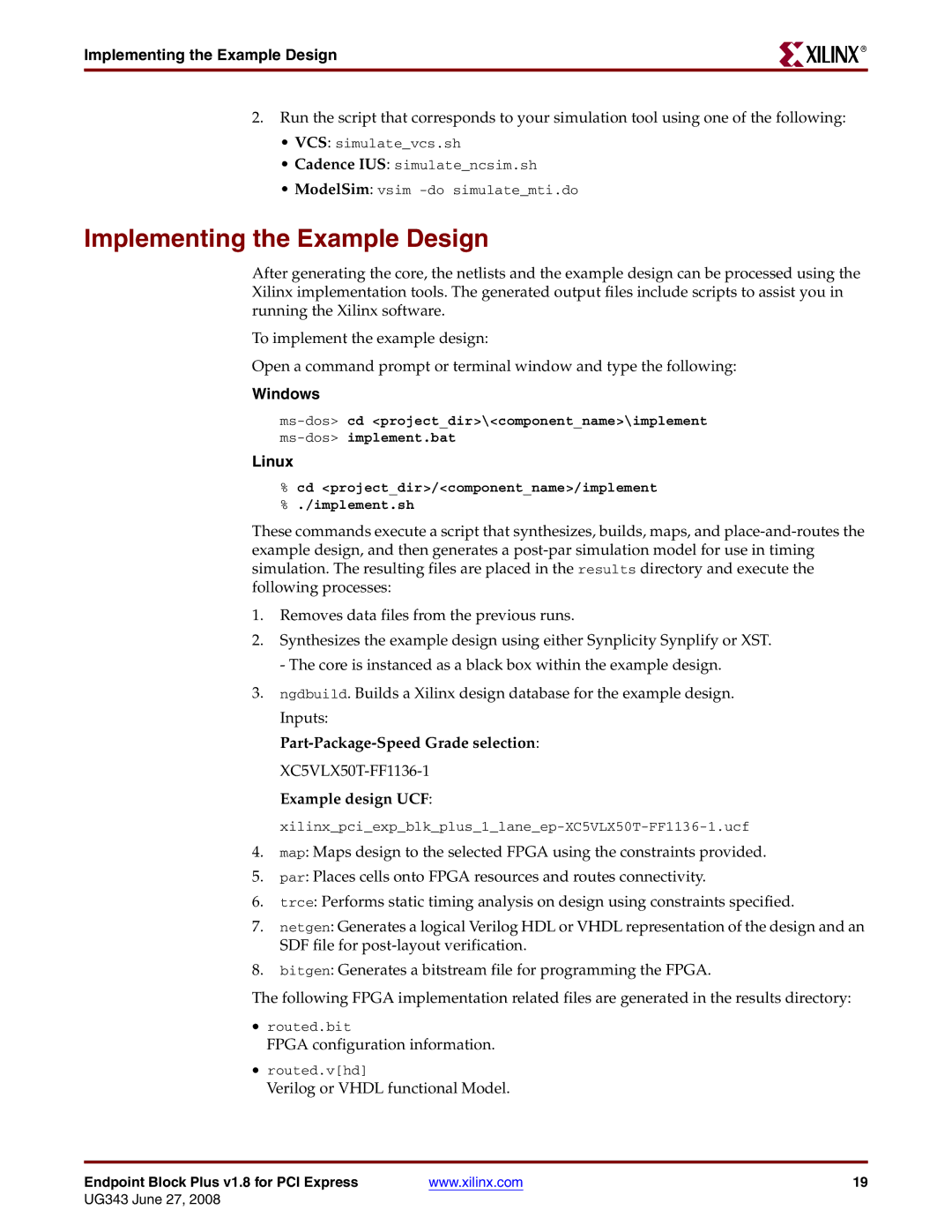 Xilinx 1.8 manual Implementing the Example Design, Windows, Linux 